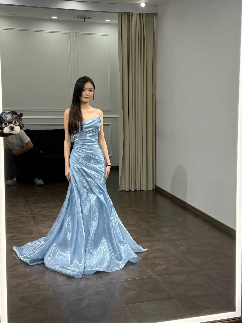 Chic Blue Mermaid Strapless Ruched Organza Dress Prom Dress Evening Dress L334