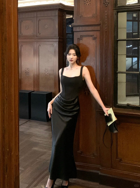 Elegant Black Sheath Square Ruched Corset Satin Dress Prom Dress Evening Dress L335