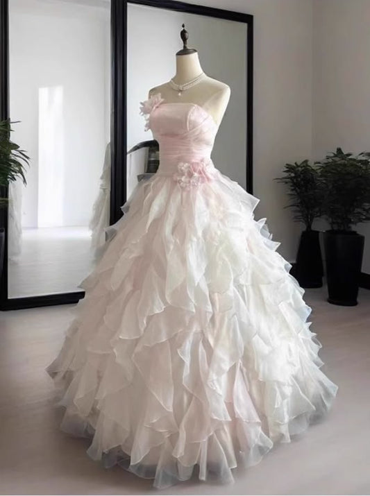 Sweet Pink Ball Gown Strapless Handmade Flowers Ruched Tulle Dress Quinceanera Dress 16 L338