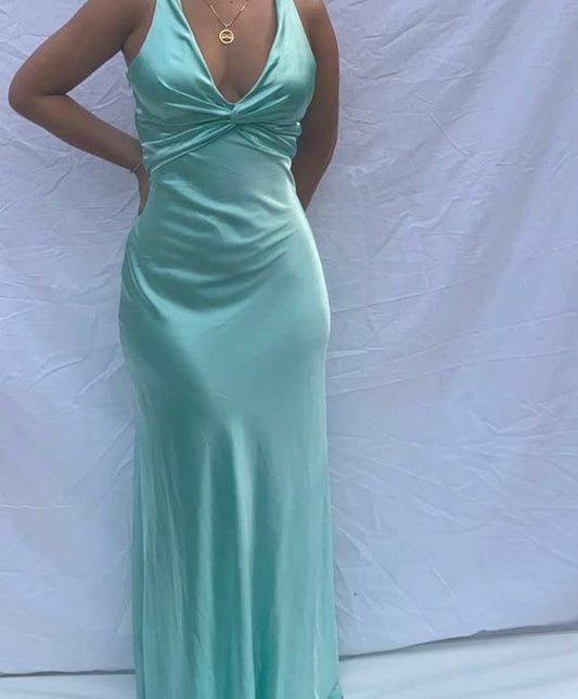 Sexy Mint Green Sheath V-Neck Ruched Satin Dress Prom Dress Evening Dress L339