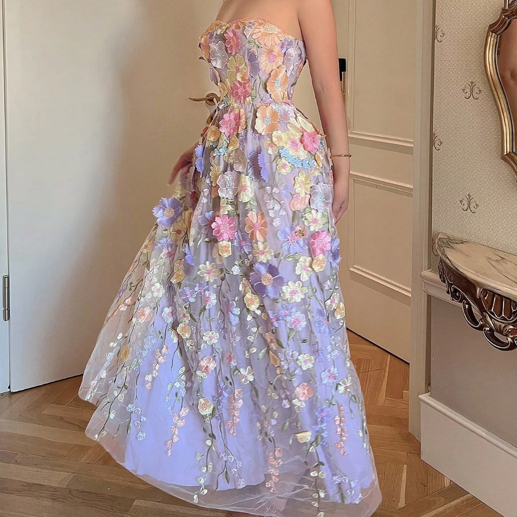 Fairy Purple A-Line Strapless Floral Applique Embroidery Tulle Dress Prom Evening Dress L34