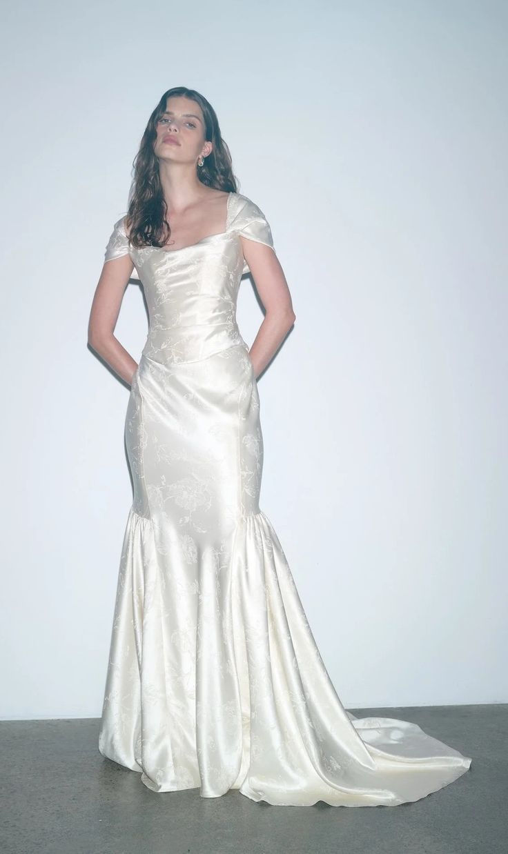 Classy White Mermaid Square Ruched Satin Dress Prom Dress Evening Dress L343