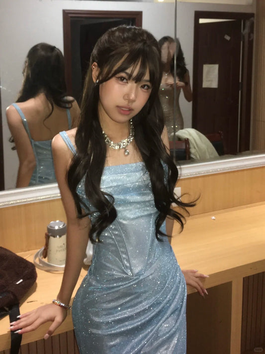 Dreamy Blue Sheath Spaghetti Strap Sequins Ruched Corset Tulle Dress Prom Dress Evening Dress L346