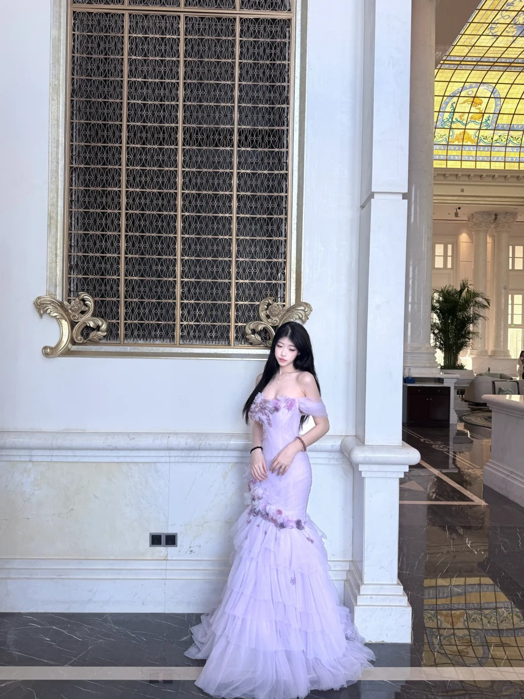 Fairy Purple Mermaid Off-The-Shoulder Handmade Flowers Appliques Tulle Dress Prom Evening Dress L349