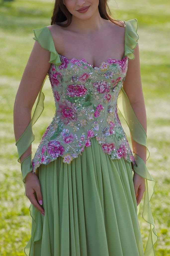 Pretty Green A-Line Spaghetti Strap Floral Embroidery Appliques Sequins Chiffon Prom Dress L35