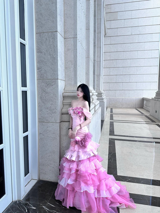 Dreamy Pink Mermaid Off-The-Shoulder Handmade Flowers Appliques Tulle Dress Prom Evening Dress L350