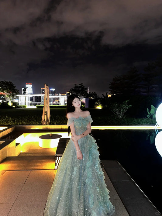 Princess Light Blue Ball Gown Off-The-Shoulder Appliques Sequins Tulle Dress Quinceanera 16 L352