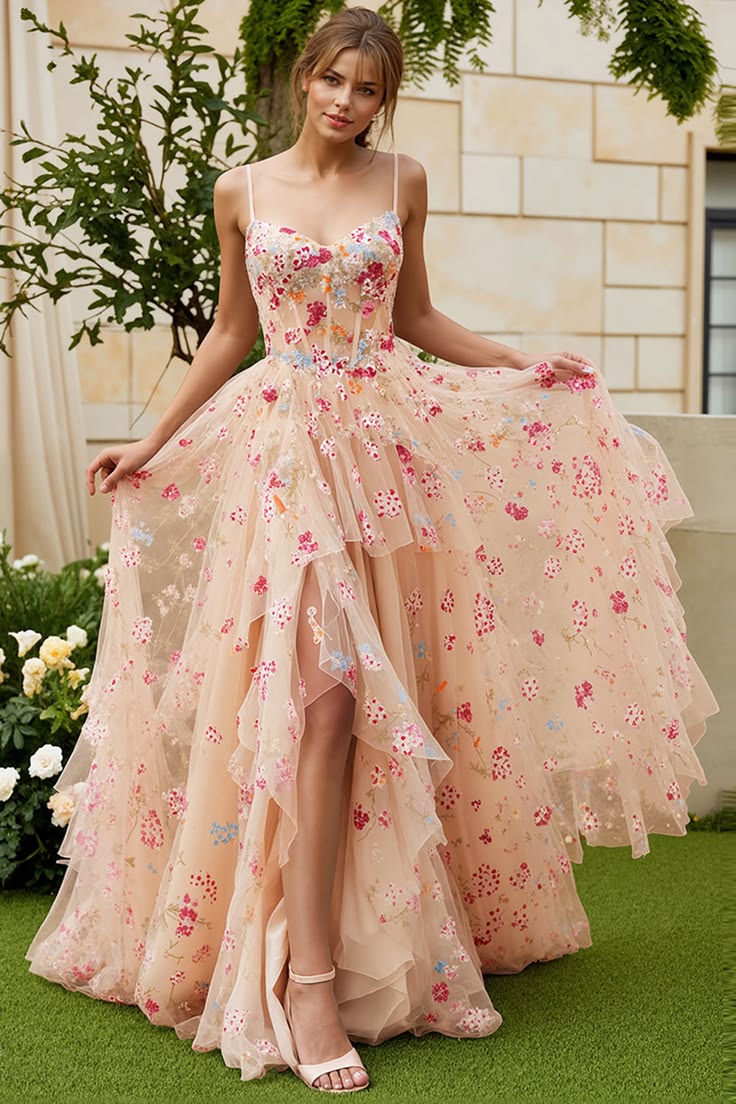 Dreamy Ivory A-Line Spaghetti Strap Floral Embroidery Boned Ruffled Tulle Dress Prom Evening Dress L36