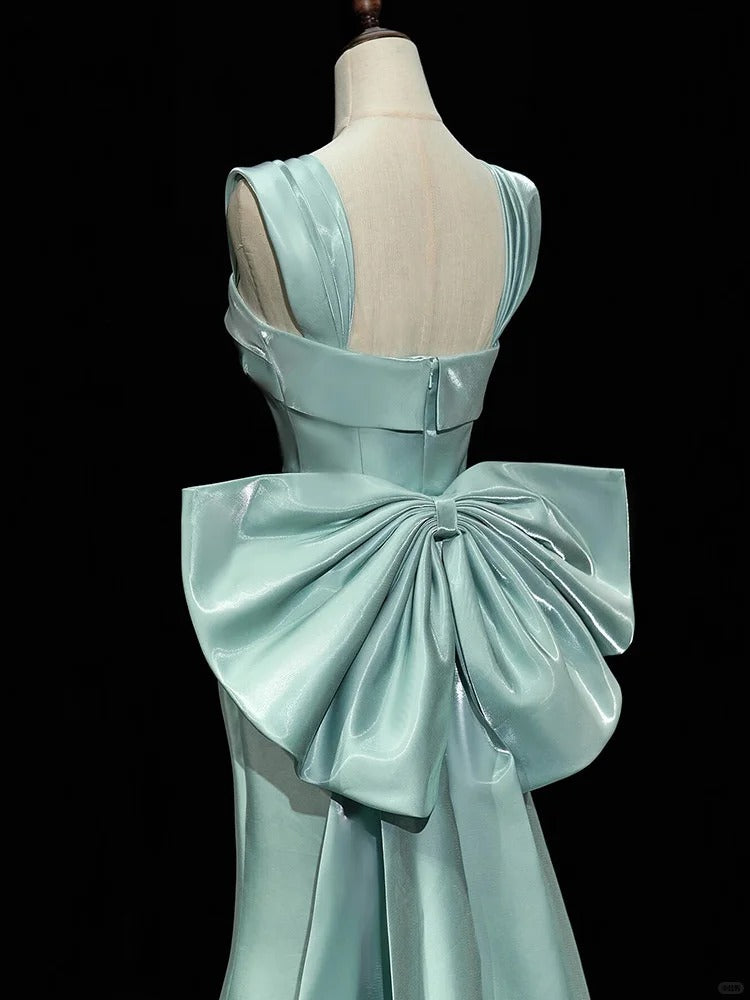 Chic Mint Green Mermaid Square Bow Slit Satin Dress Prom Dress Evening Dress L365