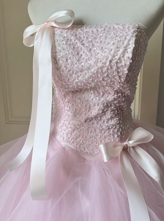 Sweet Pink Ball Gown Strapless Beaded Bow Tulle Dress Quinceanera Dress 16 L366