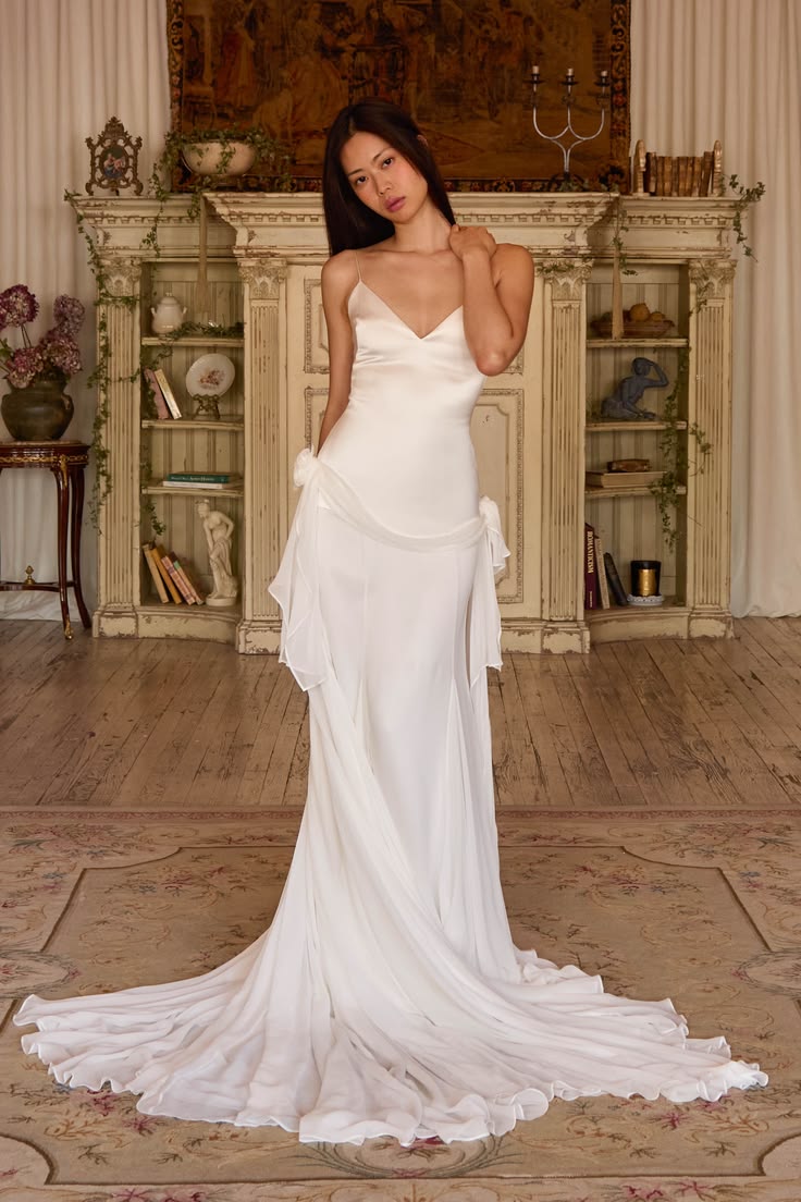 Prettty White Mermaid Spaghetti Strap Ruffled Chiffon Dress Prom Dress Evening Dress L382