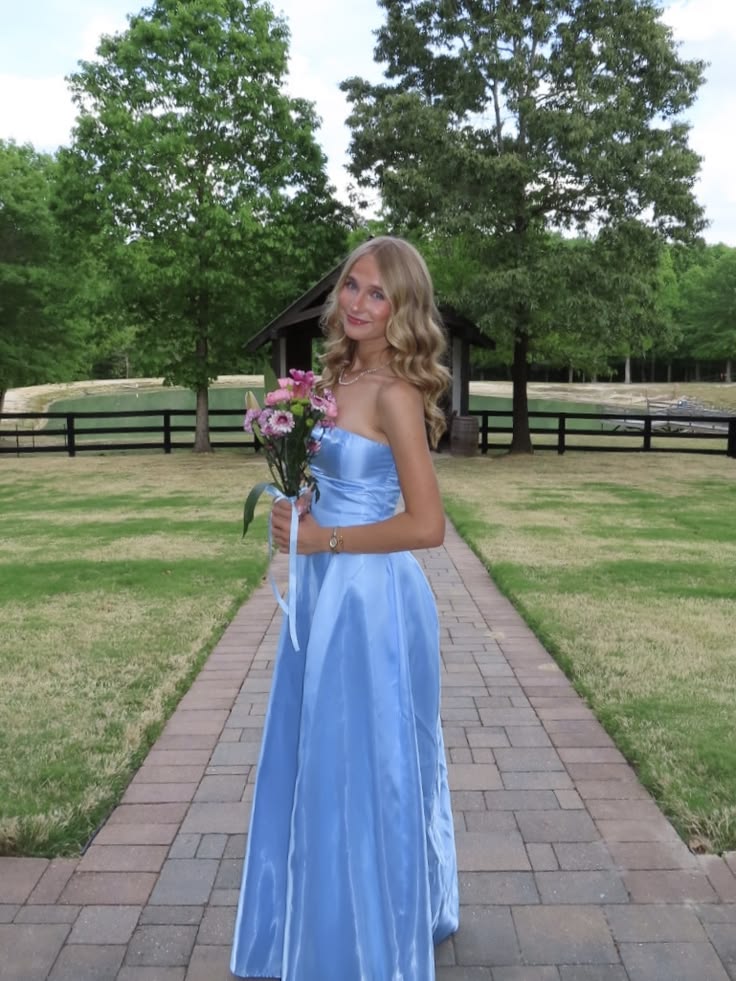 Modest Light Blue A-Line Strapless Ruched Satin Dress Prom Dress Evening Dress L396