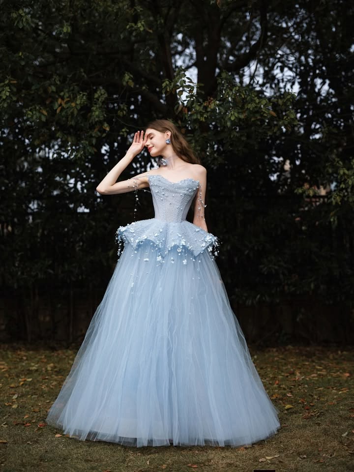 Princess Light Blue Ball Gown Sweetheart Beaded Appliques Tulle Dress Quinceanera Dress 16 L398