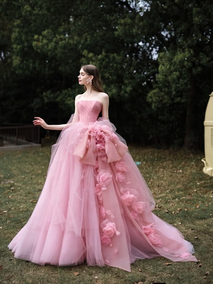 Sweet Pink Ball Gown Strapless Bow Floral Appliques Tulle Dress Quinceanera Dress 16 L399
