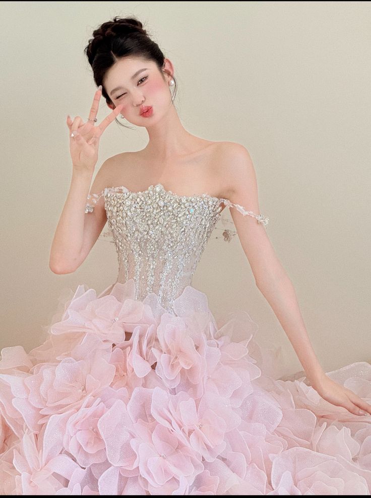 Princess Pink Ball Gown Off-The-Shoulder Rhinestone Floral Tulle Dress Quinceanera Dress 16 L400