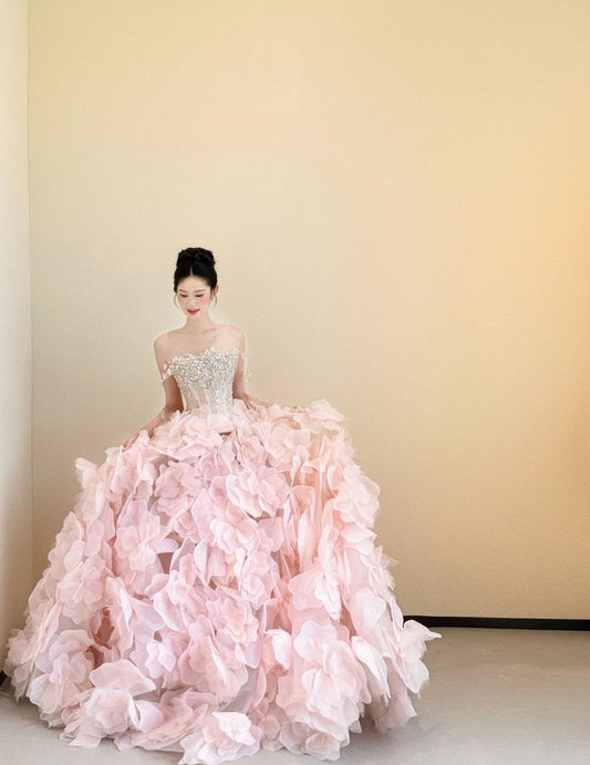 Princess Pink Ball Gown Off-The-Shoulder Rhinestone Floral Tulle Dress Quinceanera Dress 16 L400