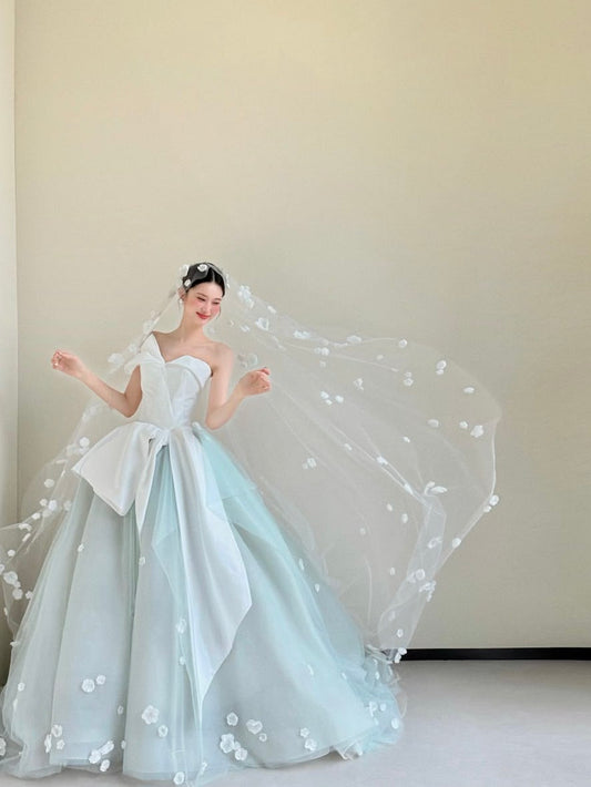Modest Mint Green Ball Gown Asymmetrical Neck Appliques Tulle Dress Quinceanera Dress 16 L401