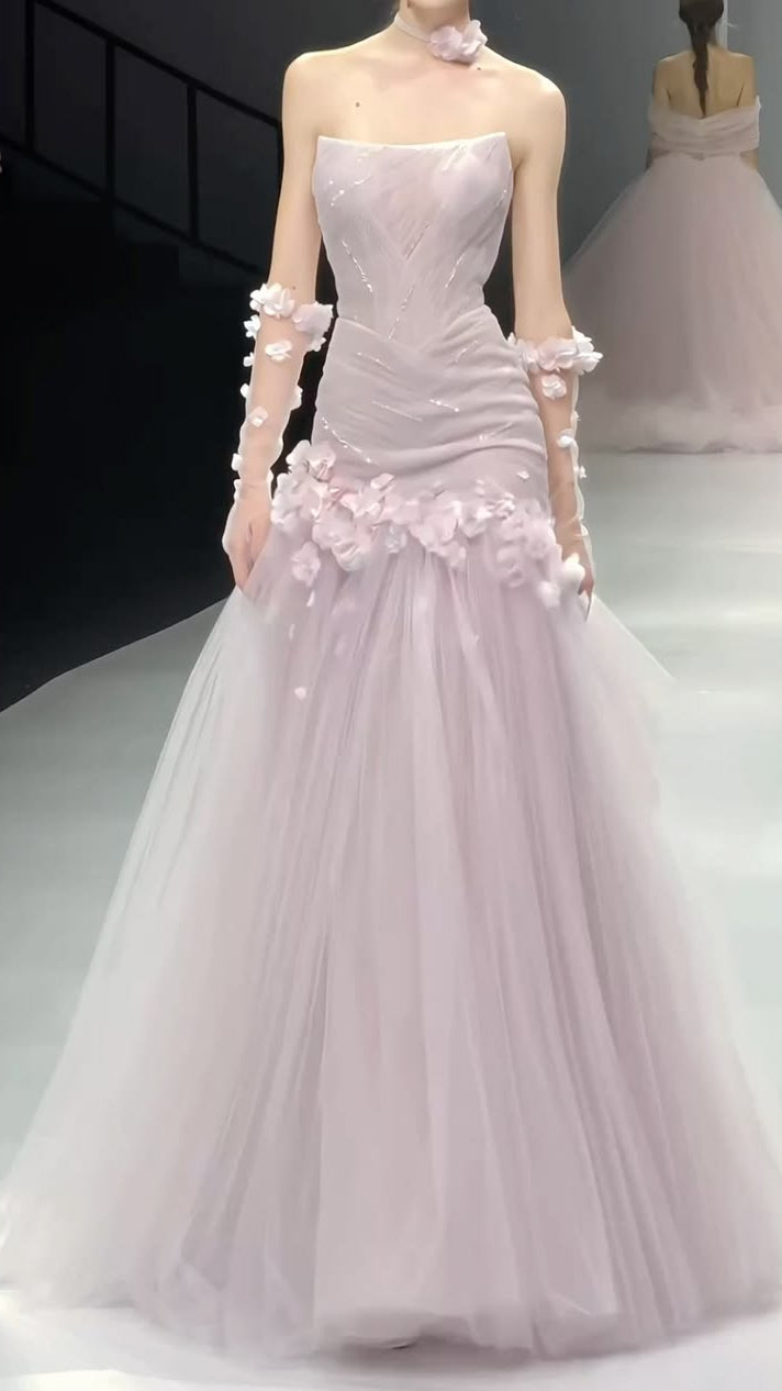 Pretty Pink A-Line Strapless Floral Appliques Tulle Dress Prom Dress Evening Dress L404