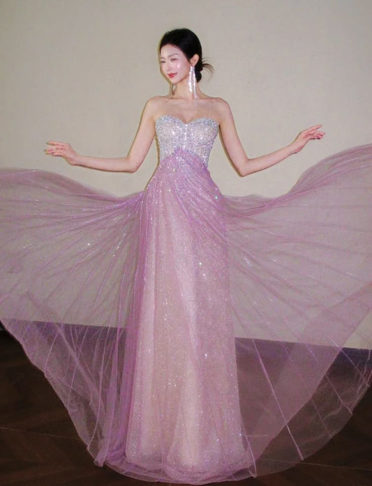 Sprakling Pink A-Line Sweetheart Sequins Tulle Dress Prom Dress Evening Dress L406