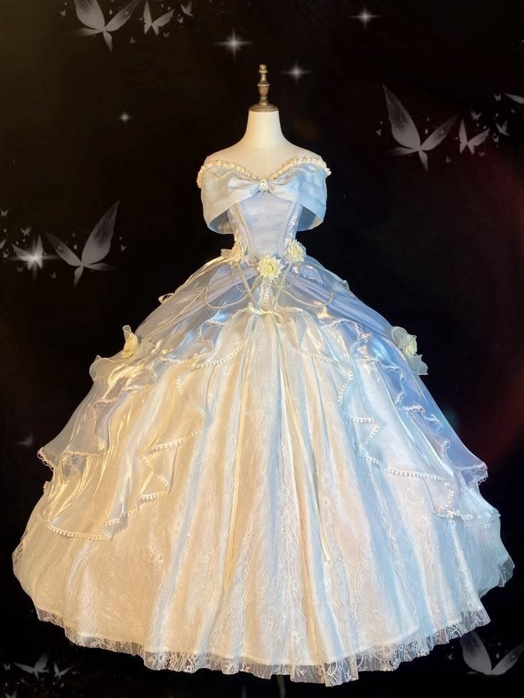 Princess White And Blue Ball Gown Off-The-Shoulder Flowers Lace Satin Quinceanera Dress 16 L41