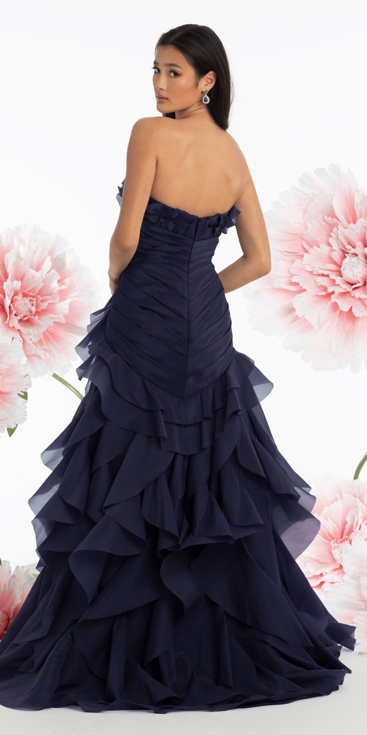 Chic Navy A-Line Strapless Flowers Ruched Ruffled Chiffon Dress Prom Dress Evening Dress L413