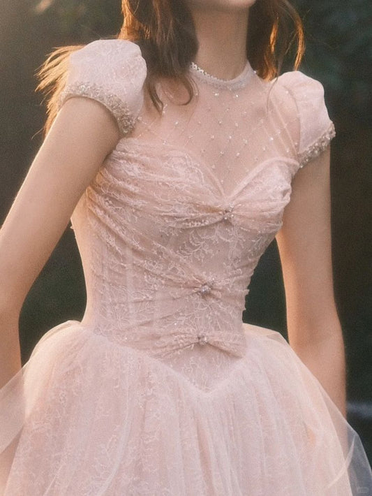 Sweet Pink A-Line Round Lace Beaded Tulle Dress Prom Dress Evening Dress L417