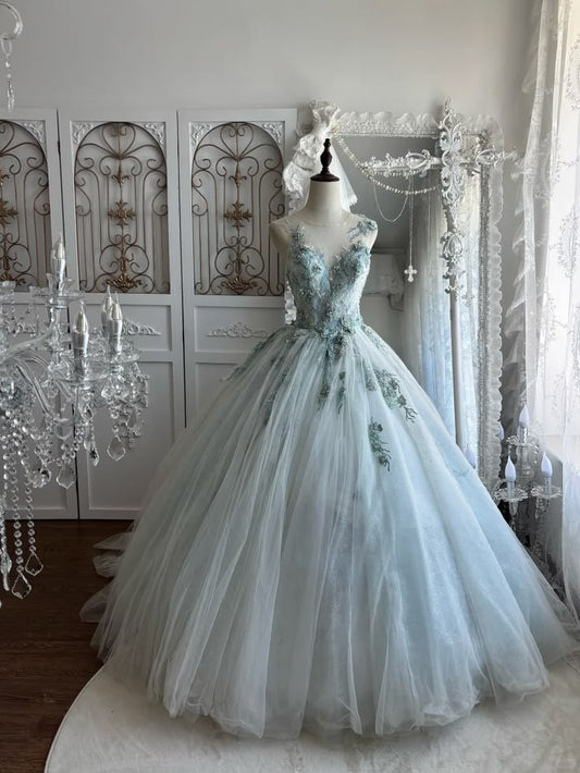 Dreamy Light Blue Ball Gown Sheer Straps Appliques Beaded Tulle Quinceanera Dress 16 L42