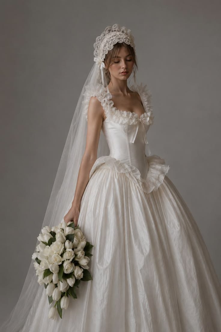 Princess White Taffeta Wedding Dress Square Ball Gown Lace Bow Corset Church Wedding Dress L420