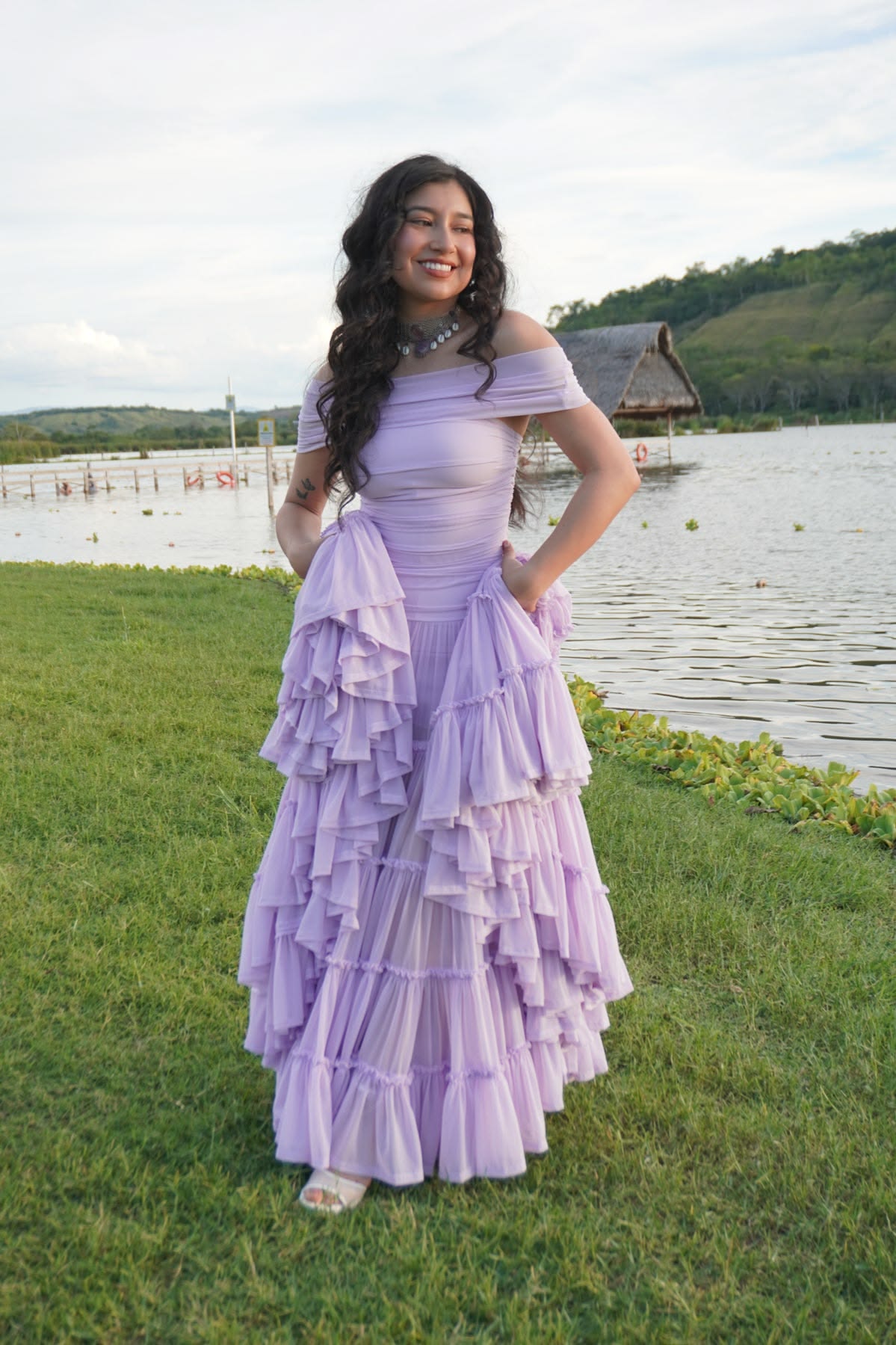 Chic Young Purple A-Line Off-The-Shoulder Ruched Tulle Dress Prom Dress Evening Dress L441