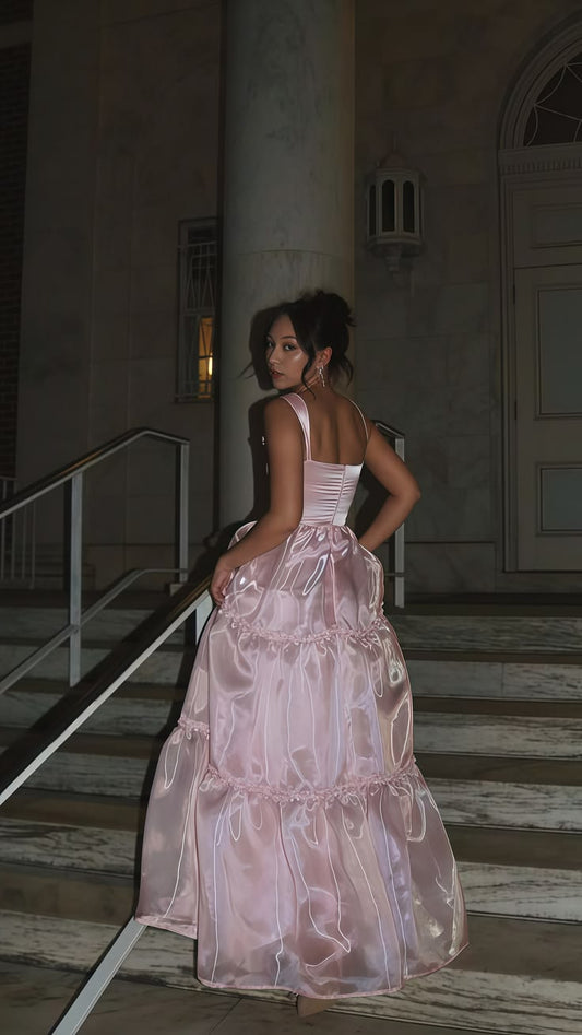 Sweet Light Pink A-Line Spaghetti Strap Lace Organza Dress Prom Dress Evening Dress L442