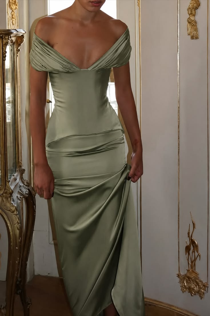Elegant Sage Green Sheath Off-The-Shoulder Ruched Satin Dress Prom Evening Dress L444