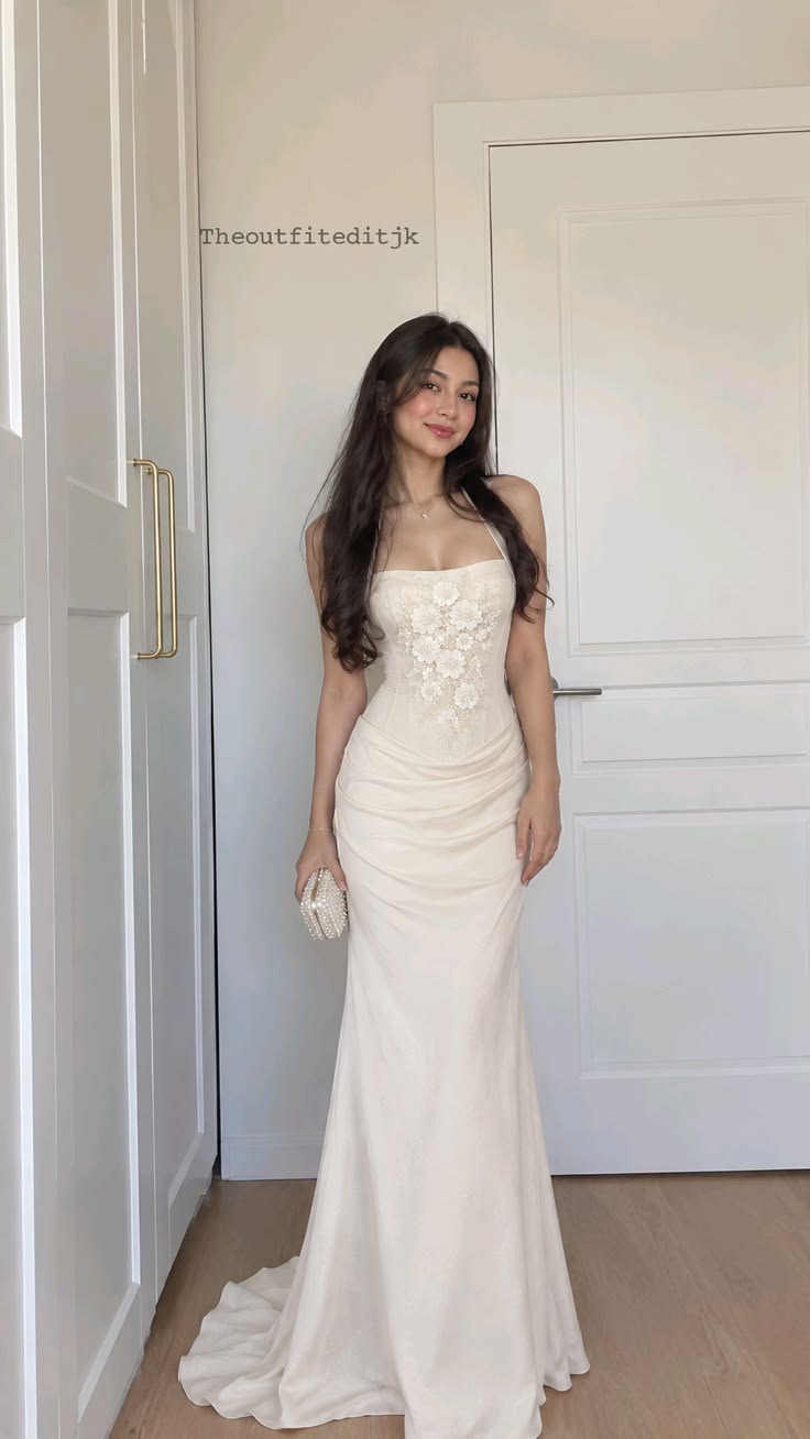 Elegant Ivory Mermaid Halter Floral Appliques Beaded Chiffon Dress Prom Evening Dress L45