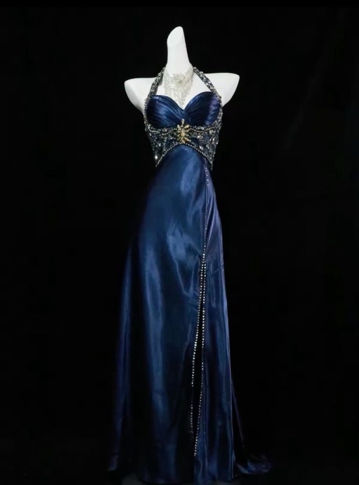 Chic Navy Sheath Halter Rhinestone High Slit Satin Dress Prom Dress Evening Dress L450