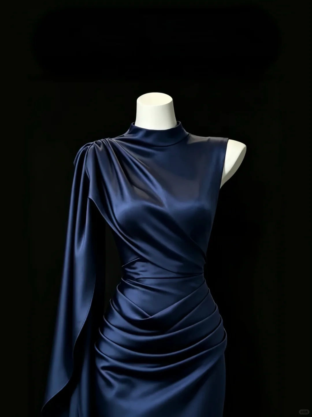 Elegant Navy Mermaid Round Neck Ruched Satin Dress Prom Dress Evening Dress L452