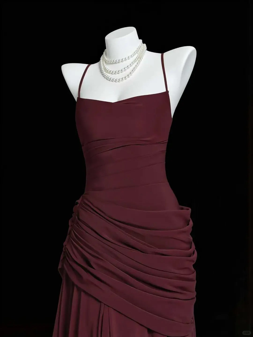 Modest Burgundy A-Line Spaghetti Strap Ruched Matte Satin Dress Prom Dress Evening Dress L453