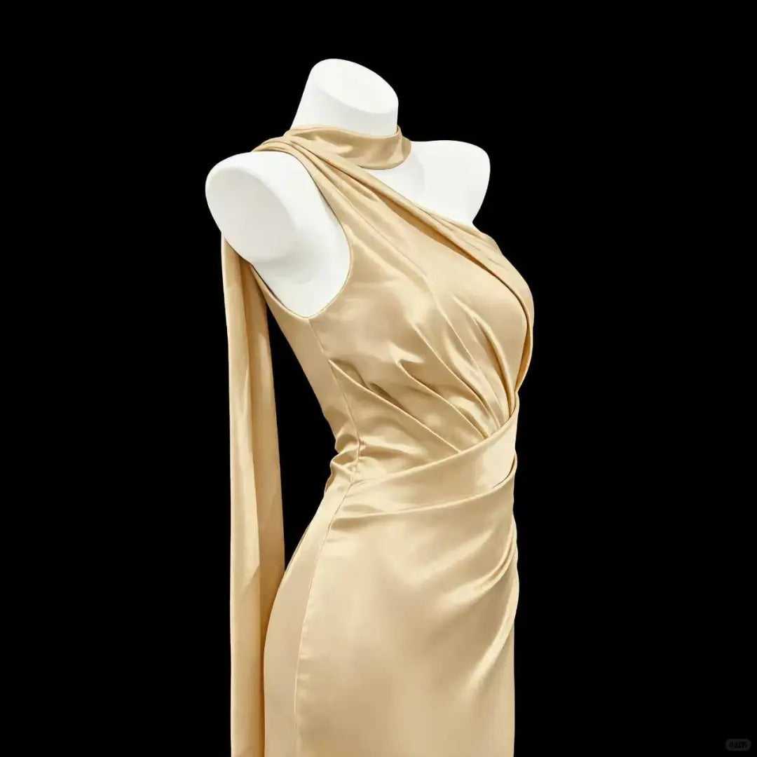 Romantic Light Golden Sheath Asymmetrical Neck Ruched Satin Dress Prom Dress Evening Dress L457