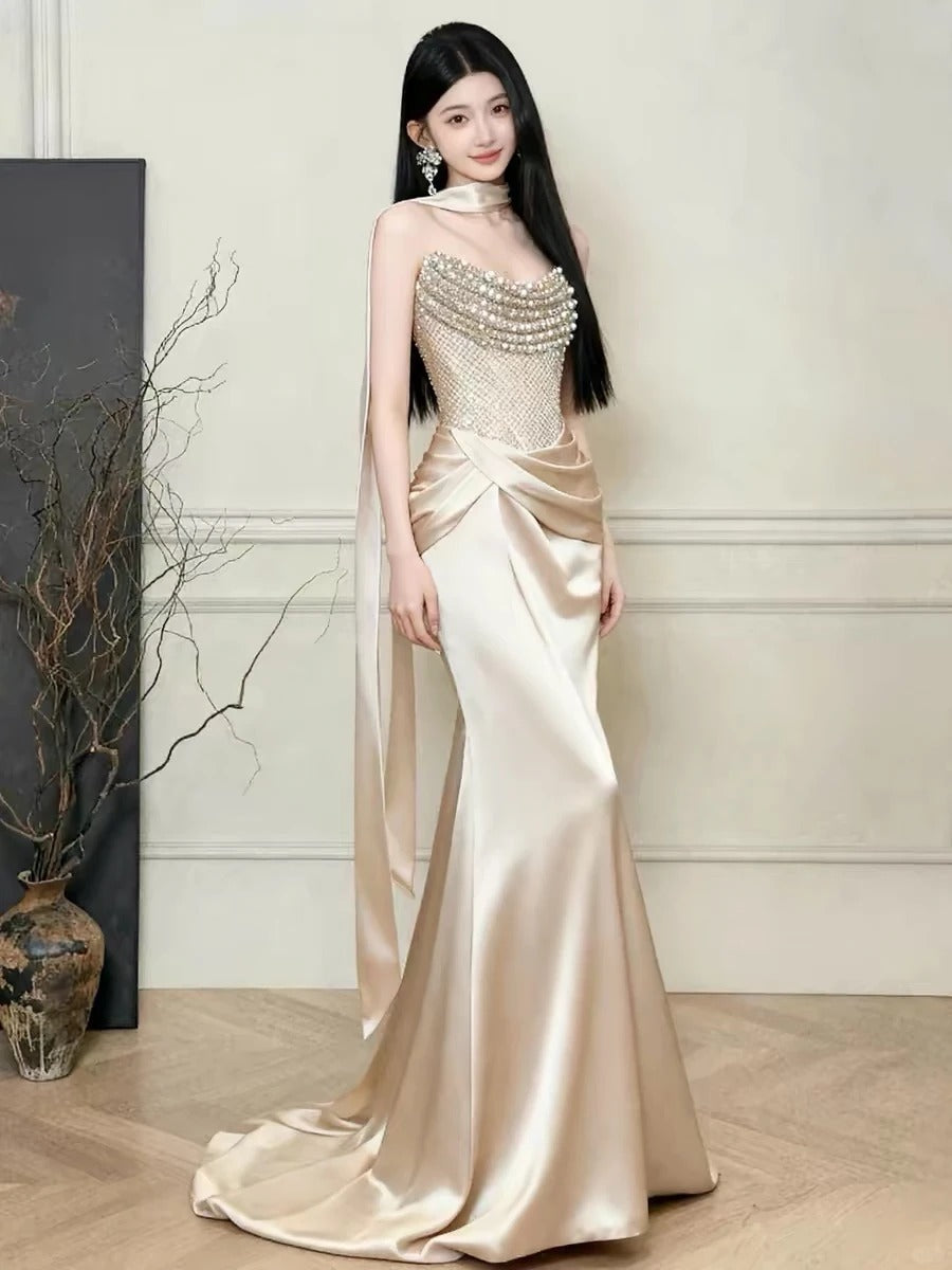 Pretty Champagne Mermaid Strapless Rhinestone Beaded Satin Dress Prom Dress Evening Dress L459