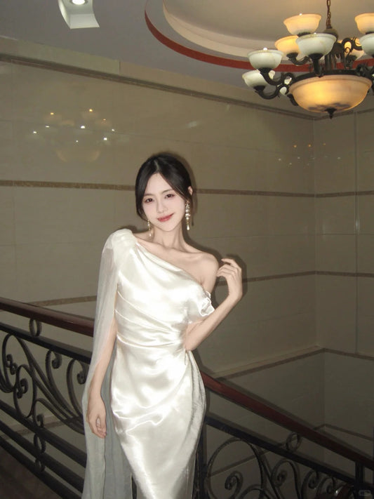 Classy White Mermaid One Shoulder Draped Satin Dress Prom Evening Dress L46
