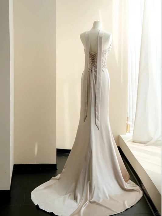 Chic Champagne Mermaid Strapless Appliques Rhinestone Satin Dress Prom Dress Evening Dress L470