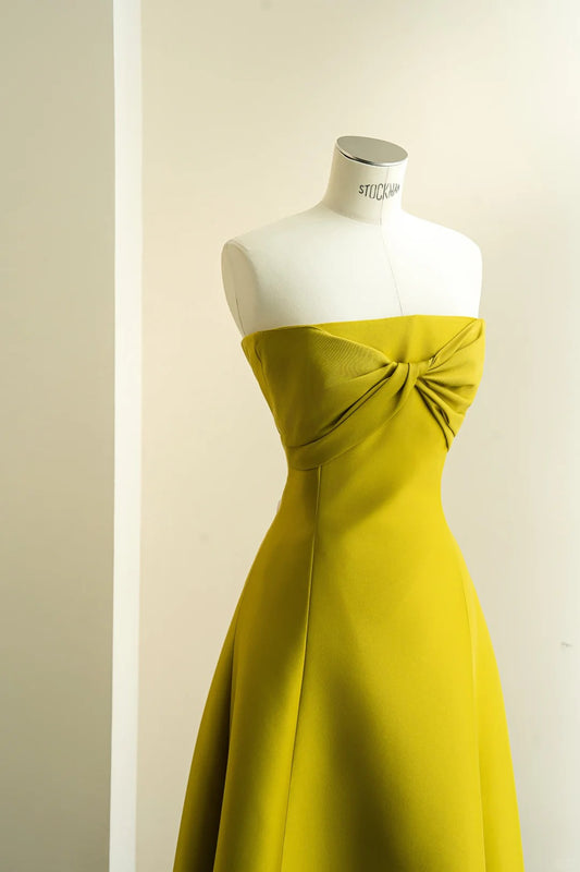 Modest Bright Yellow Strapless Bow Ruched Matte Satin Dress Prom Dress Evening Dress L471