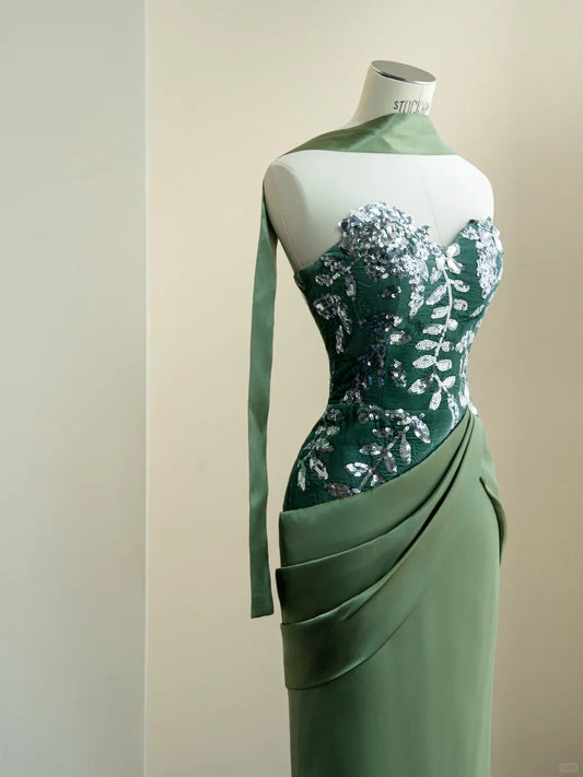 Classy Green Mermaid Sweetheart Sequins Ruched Satin Dress Prom Dress Evening Dress L474