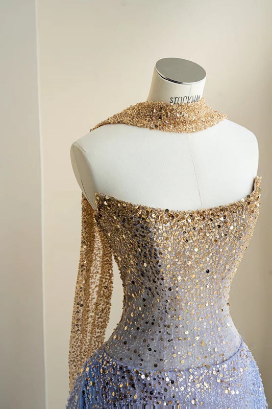 Sparkling Light Blue A-Line Strapless Sequins Tulle Dress Prom Dress Evening Dress L475