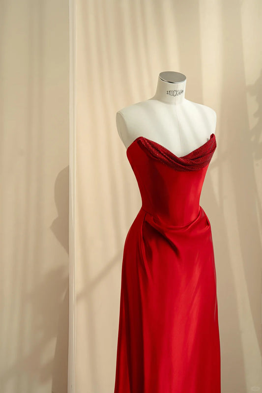 Classy Red A-Line Strapless Rhinestone Satin Dress Prom Dress Evening Dress L476