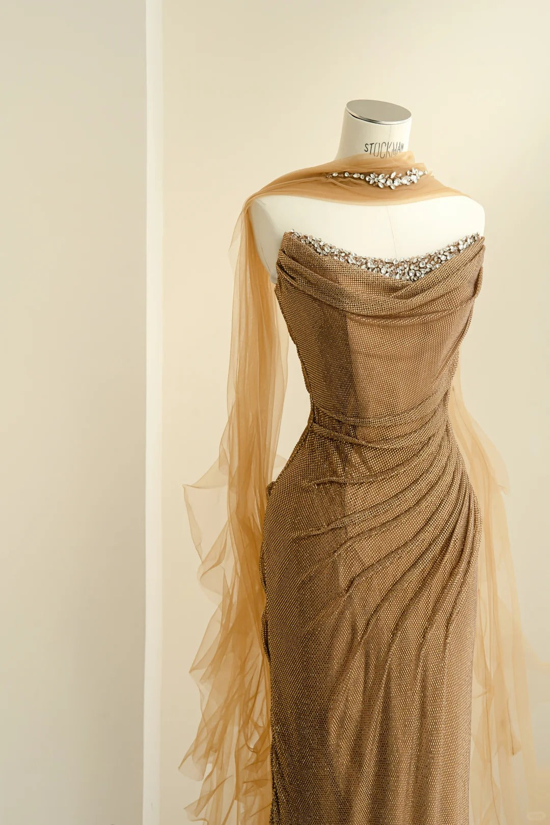 Chic Champagne Sheath Strapless Rhinestone Ruched Tulle Dress Prom Dress Evening Dress L479