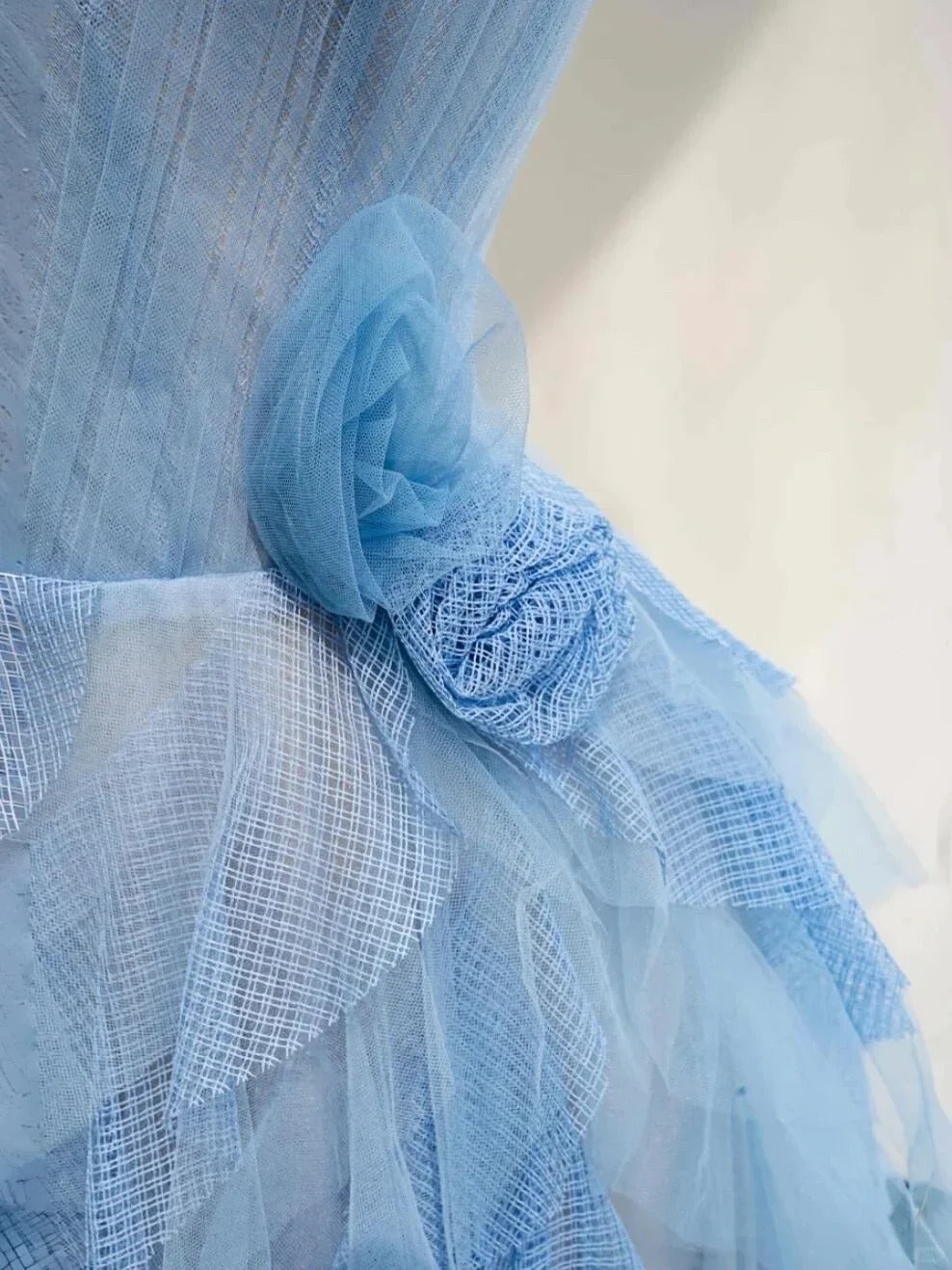 Princess Light Blue A-Line Asymmetrical Neck Handmade Flowers Ruffled Tulle Dress Prom Evening Dress L484