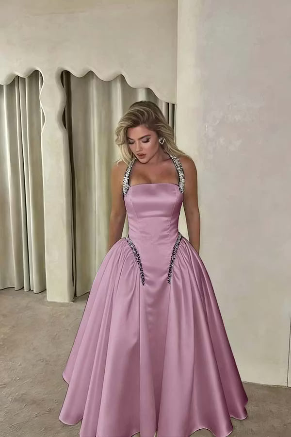 Pretty Young Ball Gown Purple Halter Rhinestones Satin Dress Prom Dress Evening Dress L523