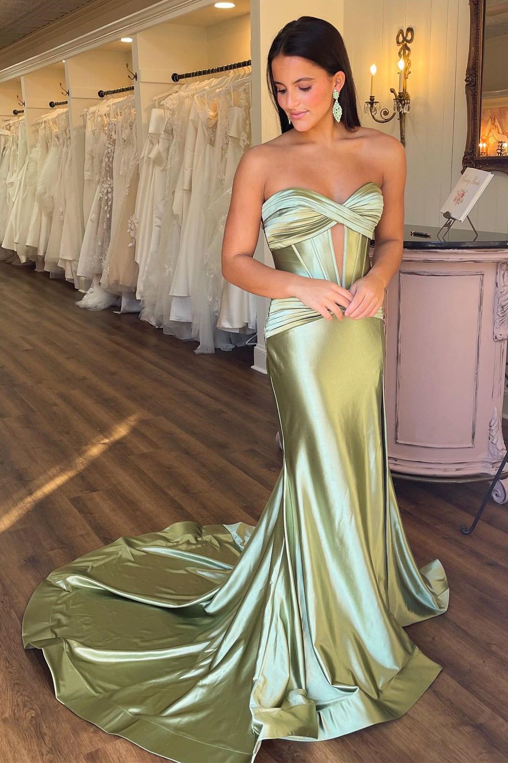 Pretty Sage Green Mermaid Sweetheart Ruched Cutout Satin Dress Prom Dress Evening Dress L525