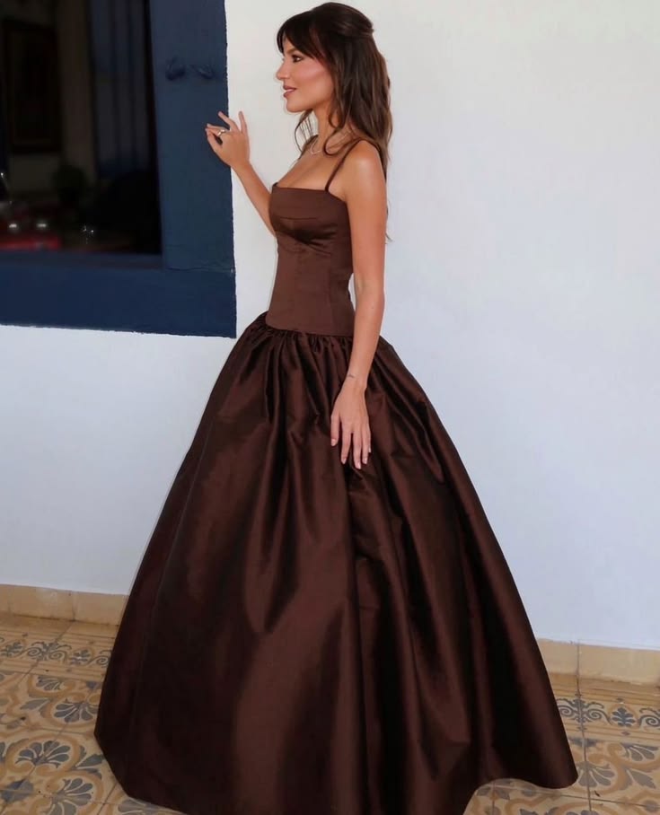 Pretty Brown Ball Gown Spaghetti Strap Satin Dress Prom Dress Quinceanera Dress 16 L527
