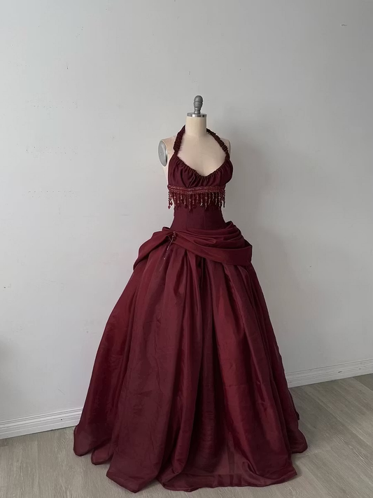 Pretty Burdungy Ball Gown Halter Beading Ruched Tulle Dress Prom Dress Quinceanera Dress 16 L548
