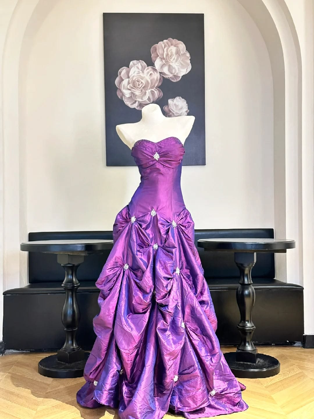 Elegant Purple A-Line Sweetheart Rhinestone Satin Dress Prom Dress Evening Dress L555